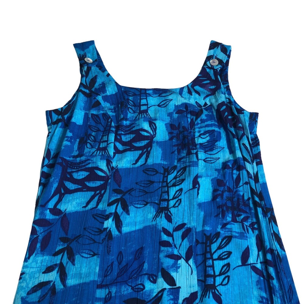 Vintage More Jazz Hawaiian Maxi Dress 18 Blue Floral Tank Crinkle Boho Lagenlook